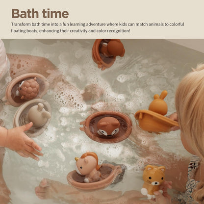 Nueplay Bathtub Toys for Toddlers 18M+，Baby Bath Toys with Animal Finger Puppets， Stackable Boat Train ，Gift for Baby & Toddlers Set of 12