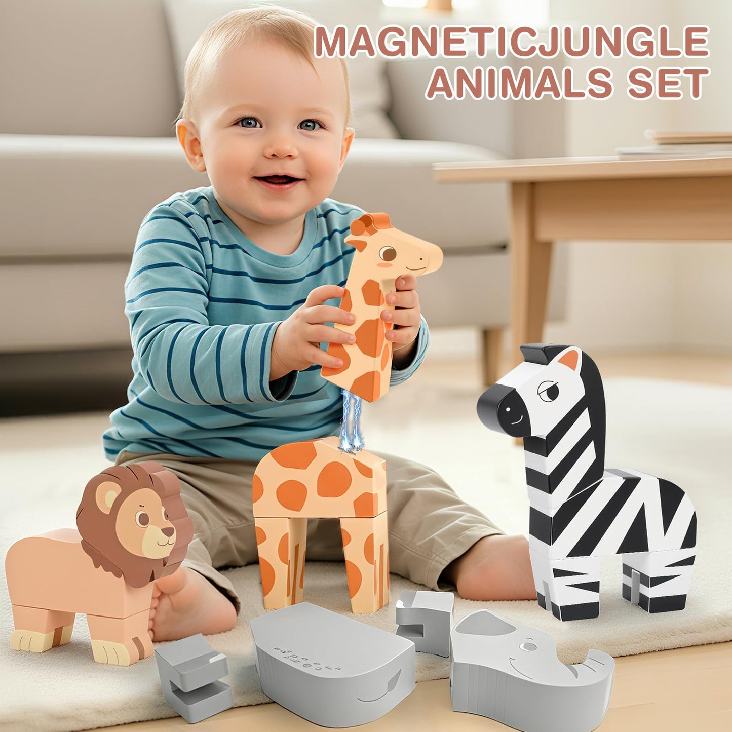 Joyreal Magnetic Jungle Animals Toy Play Set, 16 Pcs Wooden Building Blocks Play Set Toy for 1 Year Old, Fine Motor Montessori Game Preschool Educational Gift for Ages 1-5