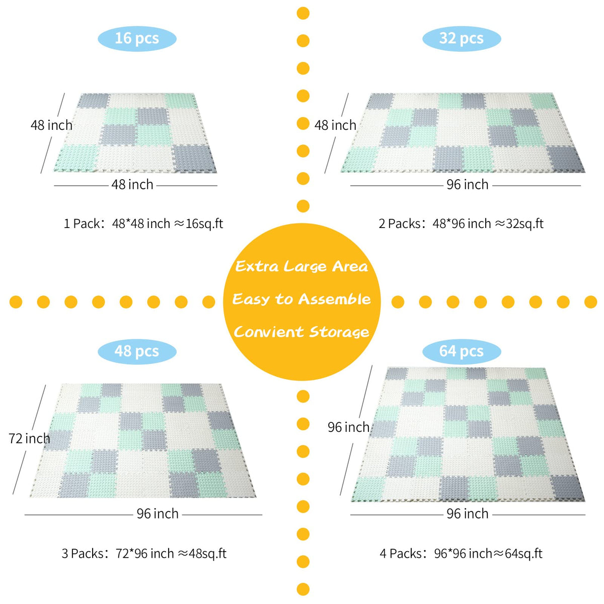 Tamiplay Foam Floor Mats for Kids, 12 x 12 Inch 16 Tiles 0.4" Thickness Foam Play Mat, Non-Toxic Square Interlocking Floor Mats Rubber Baby Play Mat for Toddlers(White/Gray/Bean Green)
