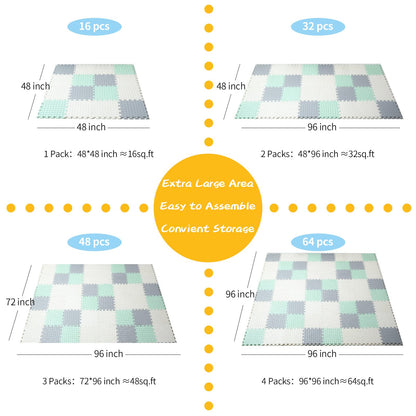 Tamiplay Foam Floor Mats for Kids, 12 x 12 Inch 16 Tiles 0.4" Thickness Foam Play Mat, Non-Toxic Square Interlocking Floor Mats Rubber Baby Play Mat for Toddlers(White/Gray/Bean Green)