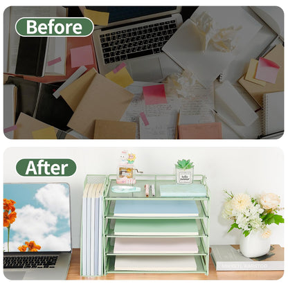 AUPSEN Green Desk Accessories Organizer,5-Tier Letter Tray Paper Organizer with Adjustable File Holder, Desktop Office Desk Accessories for Office Supplies