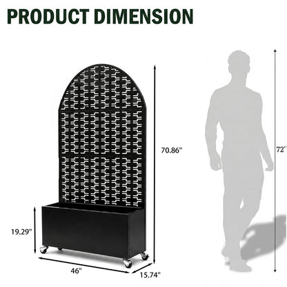 Veemuaro Metal Planter Box with Trellis, 70" H × 46" L Freestanding Outdoor Raised Garden Bed with Privacy Screen, Wheels and Drainage Holes, Arched Privacy Screen Planter Box for Backyard and Garden