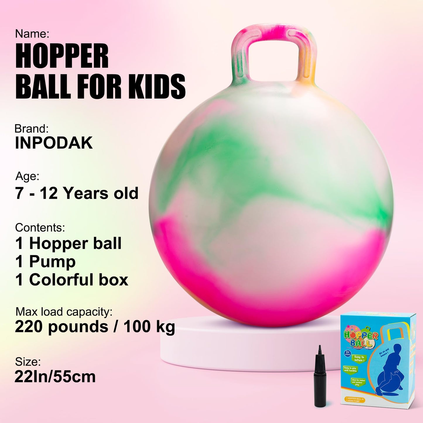 INPODAK Hopper Ball 22 Inch Bouncy Ball with Handle for Kids, Hippity Hop Jumping Bounce Hopping Toy for Boys Girls Ages 7-12 with Pump and Gift Box Great Gift for Birthday Holiday (Pink)