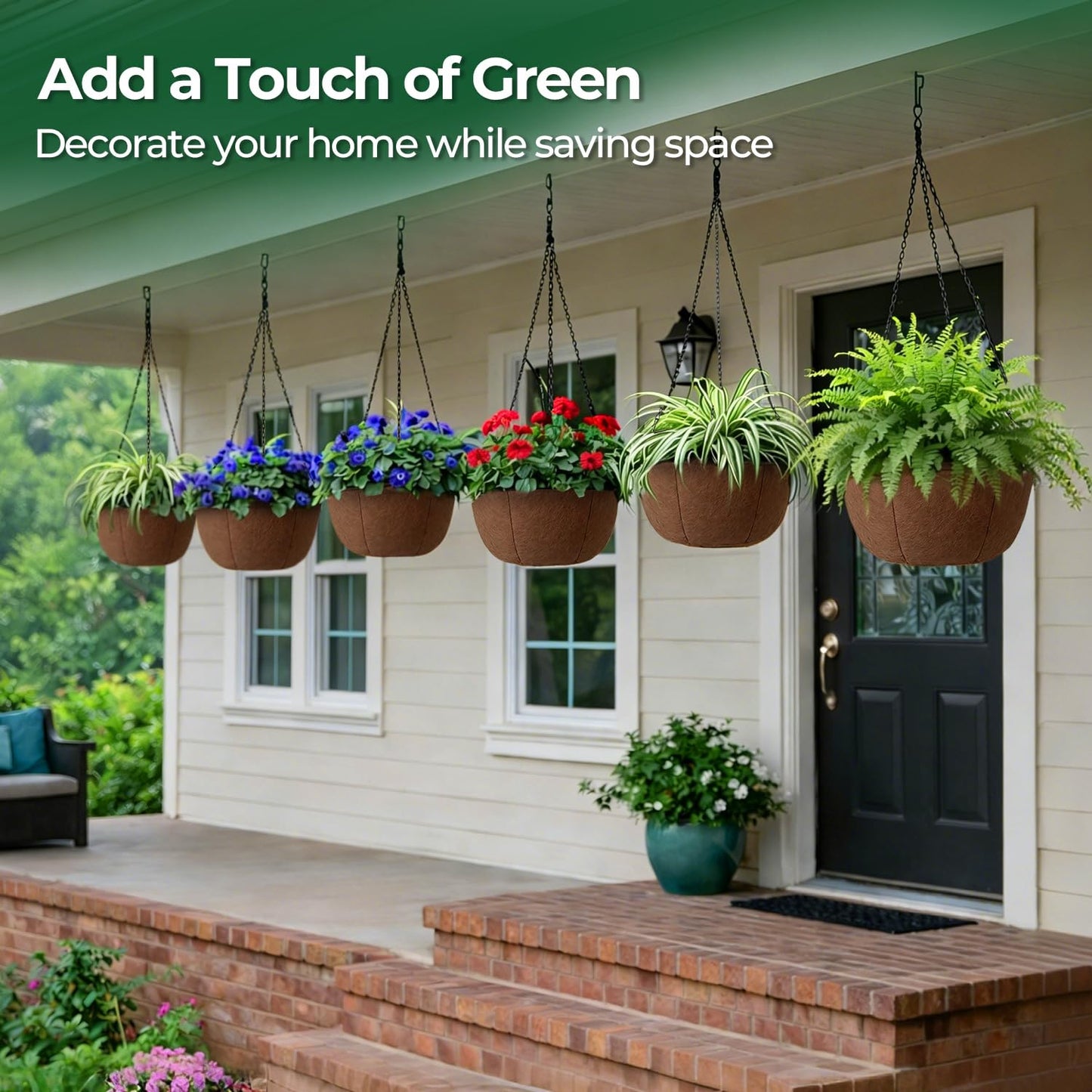 T4U Hanging Planters for Outdoor Plants, 10 Inch 6 Pack Fabric Hanging Baskets with Drainage Tray, Decorative Hanging Pots for Plants Outdoor Patio Porch Garden Use（Brown）