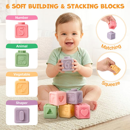 JoyCat Baby Toys 6-12 Months, Montessori Sensory Baby Toy Set with Stacking Cups, Soft Blocks, Tissue Box Toy, Spinner Toys, Sensory Balls, Cloth Book, Infant Learning Toys, Baby Gift for Boys & Girls