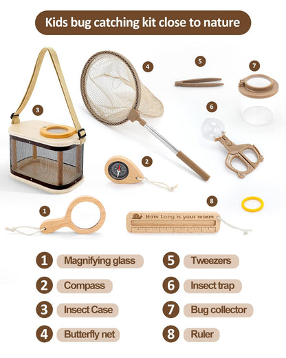 Wooden Bug Catcher Kit for Kids, Outdoor Explorer Nature Discovery Set with Butterfly Net, Bug Habitat & Magnifying Glass, Backyard Camping Outdoor Toys, Ages 3–12, Also Suitable for Toddlers
