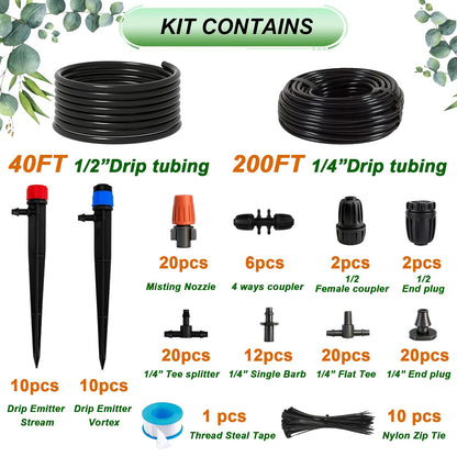 Ruibapa 240FT Drip Irrigation System,Irrigation System for Garden with 1/2 inch Hose 1/4 inch Distribution Tubing and Accessories,Drip Irrigation Parts Garden Watering System