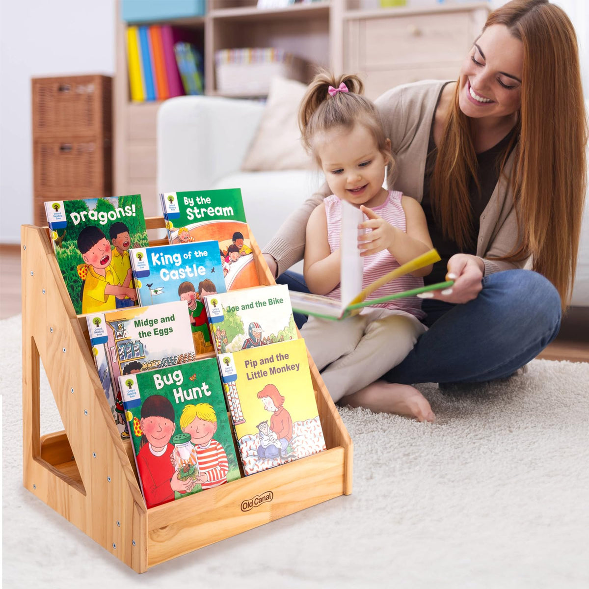 Old Canal Montessori Bookshelf, Kids Bookshelf and Toy Storage Organizer with Deep Sleeves, Toddler Book Shelves with Handle & Anti-Tilting Design, 5-Tier Pine Book Shelf for Kids Rooms, Nursery