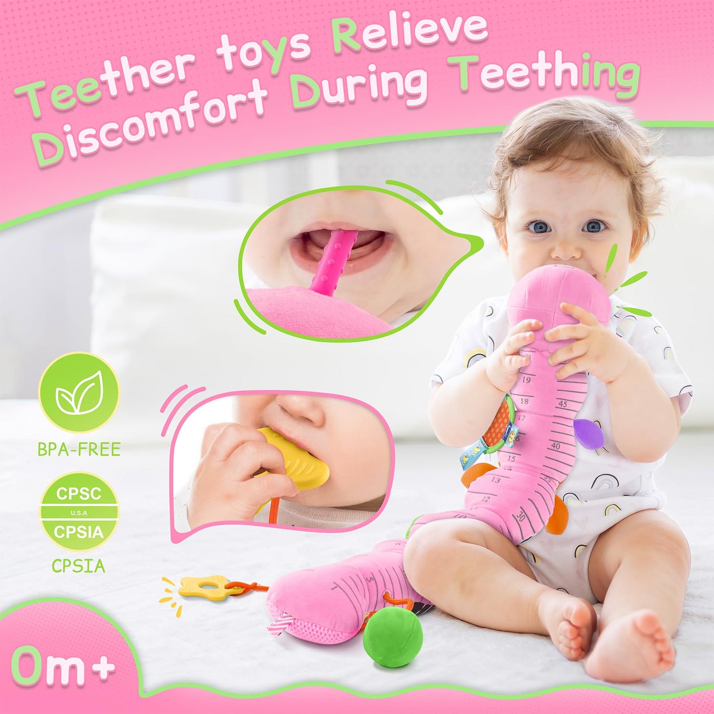 Tummy Time Baby Toys Sensory Musical Animal Stuffed Car Seat Toy for Infant 0-3-6-12 Months Newborn, Plush Caterpillar with Mirror,Crinkle,Rattle Teething Toys for Baby Boys Girls Shower Gifts, Pink