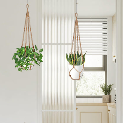LEWESU Jute Macrame Plant Hanger Indoor Set of 4 Hanging Planter Basket Flower Pot Holder with Decorative Wood Beads & No Tassels for Indoor Outdoor Boho Home Decor, 35 Inch Brown (Pots Not Included)