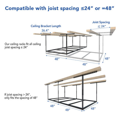 FLEXIMOUNTS 4x8 Overhead Garage Storage Rack without Decking, Storage Organization System, Heavy Duty Metal Garage Ceiling Racks, 600lbs Weight Capacity, Black, Lite Series