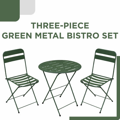 Alpine Corporation VTFAM168A-GN 3-Piece Green Metal Folding Bistro Set – 20" Round Patio Table with 2 Folding Chairs – Portable Indoor/Outdoor Balcony & Garden Furniture Set