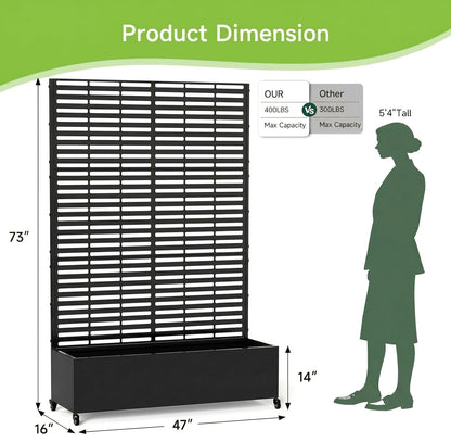 Metal Raised Garden Bed with Trellis and Wheels, 73" x 47" x 16" Planter Box with Trellis with Drainage Holes, Privacy Planters for Patio with Privacy Screen for Climbing Plants Flower Vegetables