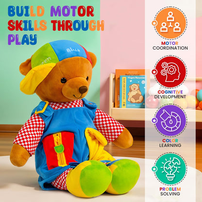 Bundaloo Talking Learning Dress-Up Bear for Toddlers – Educational Plush Toy that Talks & Sings ABCs, Zipper Button Shoelace Buckle Skills, 18” Life-Size Sensory Stuffed Animal for Preschool Kids