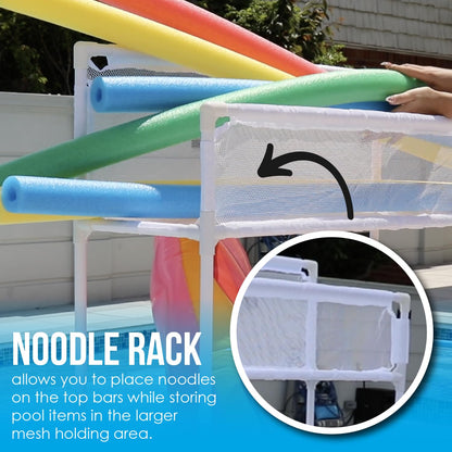 Essentially Yours Pool Storage Equipment Organizer Holder - Noodles, Toys, Balls and Floats Mesh Rolling Double Decker Bin, Large with Noodle Holder, (35.3" W x 23" L x 59.4" H), White Style 561935
