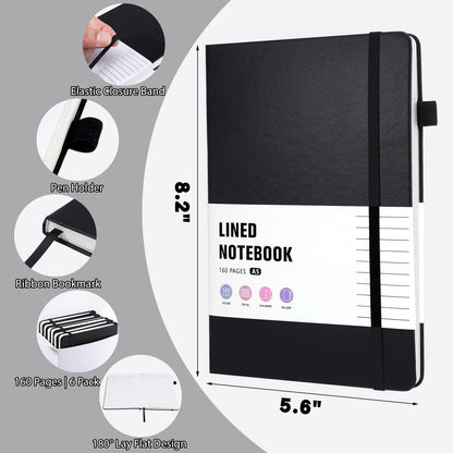 Thboxes 6 Pack Hardcover Journaling Notebooks, 5.6" x 8.2" A5 Multicolor Ruled Notebooks with Pen Holder, Lined Journals for Women Man Office Supplies Note-Taking, Work, School，Black