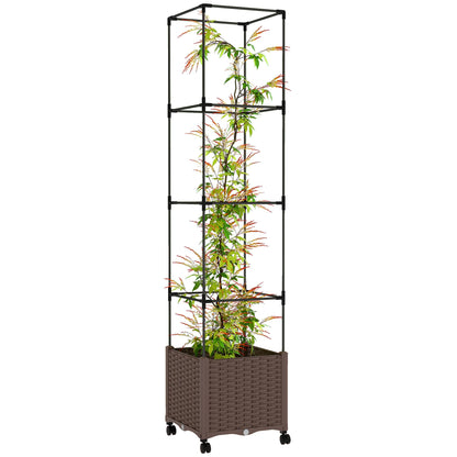 Outsunny Raised Garden Bed with Trellis, 71.7" Tomato Cage with Lockable Wheels, Self Watering Outdoor Planter Box with Drainage Holes and Plugs for Climbing Plants, Vines, Vegetables, Flowers, Brown