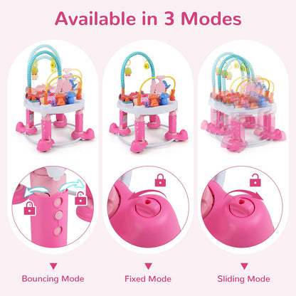 INFANS Baby Bouncer Activity Center, 5 in 1 Toddler Bouncing Activity Saucer Playtime Mat Activity Table with 360°Rotating Seat, 3 Adjustable Height, Foldable Exersaucer Learning Walker (Pink)