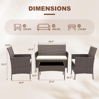 MilleLoom 4-Piece Outdoor Furniture Set, PE Rattan Wicker Chairs with Soft Cushions & Tempered Glass Coffee Table - All-Weather Patio Set for Garden, Backyard, Porch, Poolside (Gradient Brown/Beige)