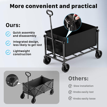 HOMBETTA 29.3" Collapsible Wagon Cart, 150L Heavy Duty Folding Utility Wagon with Wheels, 360 lbs Load, Portable Rolling Cart for Garden, Shopping, Sports, Camping, Black
