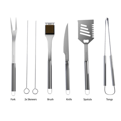 7-Piece BBQ Grill Tool Kit - Stainless Steel BBQ Accessories Kitchen Set with Spatula, Tongs, Fork, Knife, Brush, Skewers, and Case by Home-Complete