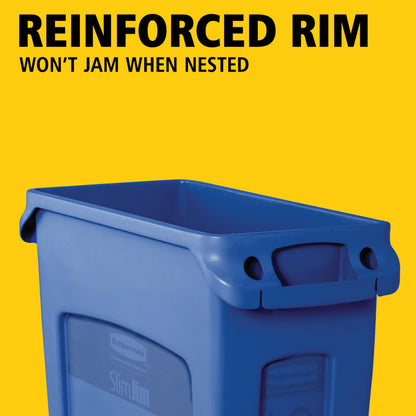 Rubbermaid Commercial Products Slim Jim Plastic Rectangular Recycling Bin/Trash Can with Venting Channels 23 Gal Blue for Kitchens/Classrooms/Offices/Back of House