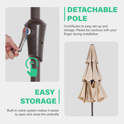JEAREY 9FT 3 Tier Patio Umbrella Outdoor Market Umbrella Table Umbrellas with 8 Ribs 1.5 Pole Push Button Tilt and Crank UV Protection for Garden,Beige