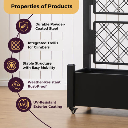 Foresland Metal Raised Garden Bed with Trellis, 50Hx38Wx14D Inch Compact Planter Box for Climbing Plants, Patio Balcony Garden, Privacy Screen with Wheels and Drainage Holes, Black