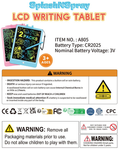 SplashNSpray Writing Tablet, 2pack LCD Drawing Tablet for Kids, Colorful Toddler Doodle Board, Erasable Reusable Electronic Drawing Pads, Educational and Learning Toy for 3+ Years Old Kids 8.5inch