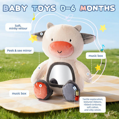 Koty Musical Tummy Time Toy,Baby Mirror Toy 3 Years Old, Infant Sensory Toy with Crinkle Sounds, Textures, Mirror & Melody Music Box for Tummy Time and Self-Discovery (White Cow)