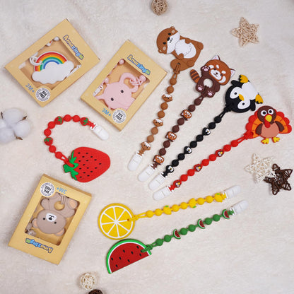Cute Animal Baby Food Grade Silicone Teether Toy with One Piece Design Pacifier Clip Holder,Teething Pain Relief Toys Gift Set for 3 Months+ Boys and Girls,Freezer Safe,BPA Free (Red Panda)