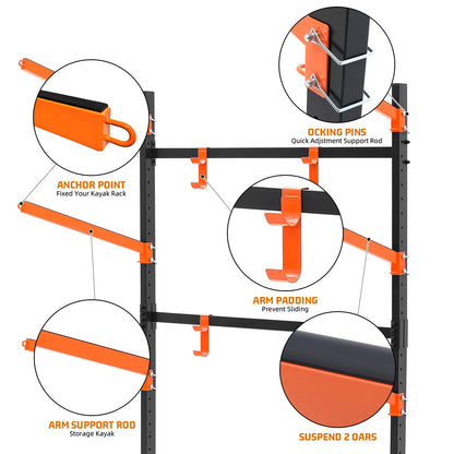 UOKRR 2 Kayak Storage Rack, Freestanding Kayak Racks for Garage, Heavy Duty Adjustable Kayak Stand Indoor Outdoor Storage Rack for Kayaks, Canoes, Surfboard & Paddleboard (2 Levels with paddle hook)