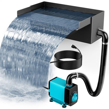 POPOSOAP Pond Waterfall Spillway with Pump Kit, 304 Stainless Steel Pond Waterfall Box, Pond Spillway with 9.8FT Corrugated Tubing for Garden Waterfall Water Features-8Inch-P42