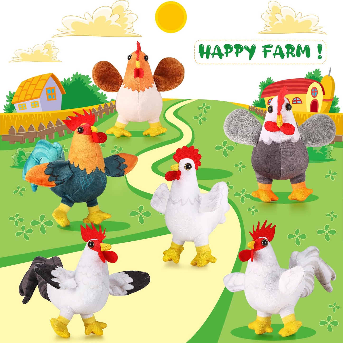 Kasyat 6 Pieces Mini Plush Furry Farm Animal Toys Soft Horse Pig Cattle Rabbit Dog Sheep Doll Stuffed Plush Farm Animals for Birthday Party Decoration(Chicken and Rooster)