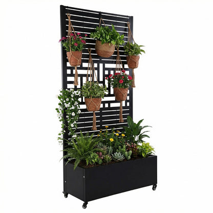 FASDRESS Metal Planter Box with Trellis Standing Planter Box for Climbing Plants/Vines Raised Garden Bed On Wheels 70.87x35.43x15.75 Inch (01)