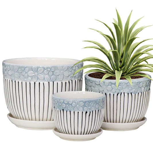 Ton Sin Grey Flower Pots, Texture Planter for Indoor Plants Set of 3 Ceramic Flower Pots with Saucer, Cute Garden Pots Succulent Pots, 6.75/5.6/4.2 Inch, Indoor Outdoor Home Garden Decor