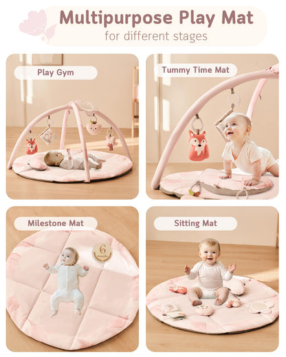 Fortella Baby Play Gym & Activity Mat, Machine Washable & Foldable Tummy Time Mat with 5 Detachable Toys, Certified Safe Newborn Essentials Gift for Baby Registry 0-12 Months (Rose Pink)
