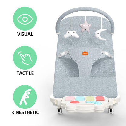 Gryvoth Portable Baby Bouncer Seat 0-18 Months,Detachable Piano & Hanging Toys,3-Level Recline (Rock/Fix),Foldable with Quiet Wheels,Baby Shower