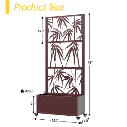 UPHYB Metal Planter Box with Trellis, 71"x 35"x 16" Raised Garden Bed with Trellis, Planter Box Trellis with Privacy Screen, Drainage Holes and 4 Lockable Wheels, Brown, Bamboo Style