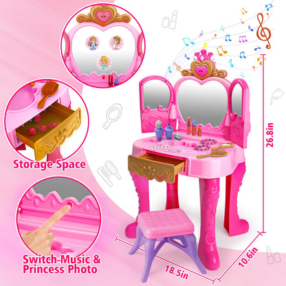 Toddler Vanity Magic Makeup Set Table & Chair Girl Toy Automatically Mirror with Music Light Pink Toys for 2 3 4 Year Old Girl Hair Salon Pretend Play Princess Dress Up Playset Valentine Gift Age 3-5