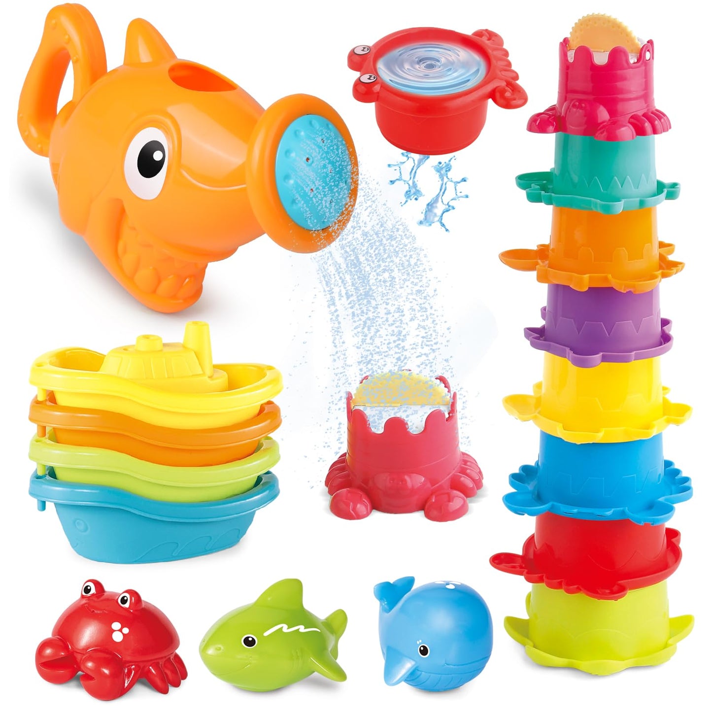 Water Table Toys for Toddlers 1-3, 16PCS Bath Toys for Babies 6-12 Months wtih Floating Boats, Stacking Cups, Shark Water Can & Marine Animal Silicone Toys, Pool Beach Idea Gift for Boys Girls