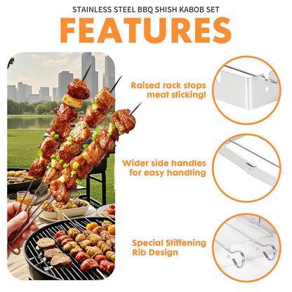 Laexepelle Stainless Steel BBQ Shish Kabob Set, Foldable Grill Rack with 6pcs 13"L Reusable Skewers for Ooudoor Indoor Party and Cookout