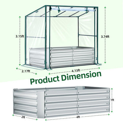 Ohuhu Raised Garden Bed with Cover Outdoor, 4x2x1 FT Galvanized Metal Planter Box with PVC Greenhouse Cover, Protects Plants from Frost Birds Insects, 3-in-1 Gardening Set for Vegetable Flower Herb