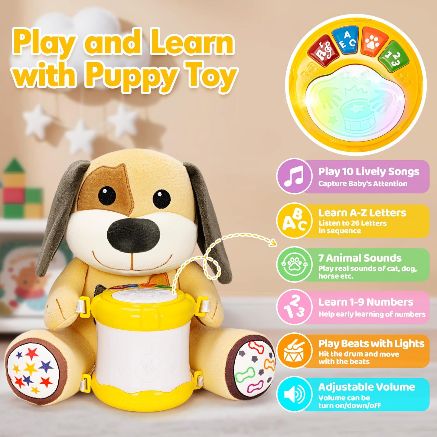 Hodurgyi Baby Toys 6-12 Months, Puppy Musical Plush with Lights, ABCs, Animal Sounds, Numbers, Infant Early Learning Toy,Christmas Birthday Gifts for 6+ Month Boys &Girls