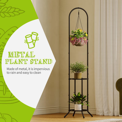 BMOSU Plant Stand with Hooks Indoor Outdoor Corner Tall Plant Stand Heavy-Duty Metal 3-Tier Plant Shelf Holder Rack for Patio Garden Balcony Living Room Bedroom(circular Black)