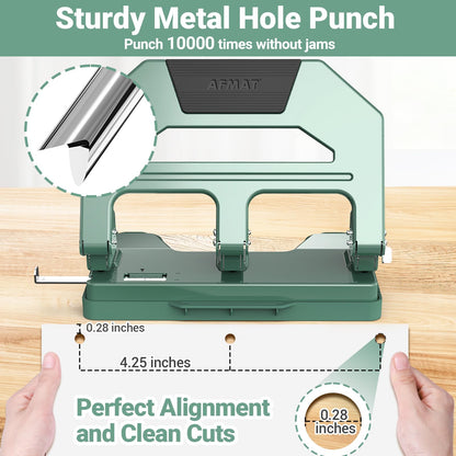 AFMAT Heavy Duty 3 Hole Puncher, 40-Sheet Three Hole Punch Heavy Duty, 50% Reduced Effort Paper Punch, 10K+ Uses, Metal Hole Puncher 3 Ring w/Large Tray, Bulit-in S.S. Paper Guide HPX2(Green)