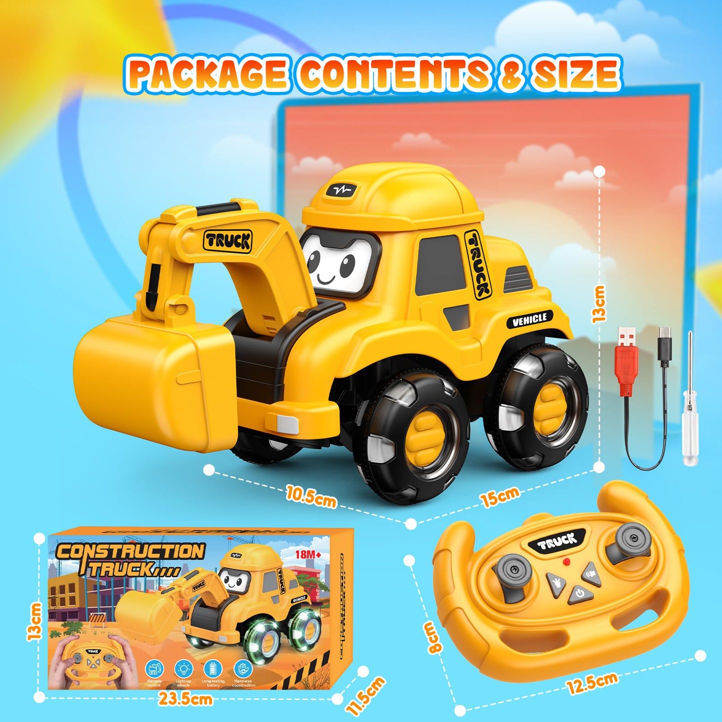 Toyjolka Toddler Remote Control Car with Flashing Light Wheels for 2 3 4 5 6 Year Old Boys Girls, USB Rechargeable Construction Excavator Toy for Toddlers 2-6 Great Birthday Gift Idea for Kids