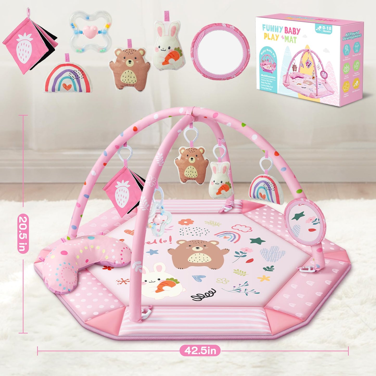 Baby Gym Play Mat, 8-in-1 Tummy Time Mat & Ball Pit with 6 Toys, Washable Baby Activity Mat for Visual, Hearing, Sensory, Motor Development, Babies Gift for Newborn Infant 0-3-6-9-12 Months (Pink)