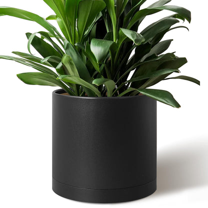Giraffe Creation 12-Inch Round Cylinder Plant Pot, Modern Indoor/Outdoor Planter with Drainage Hole, Saucer & Water Reservoir, Black