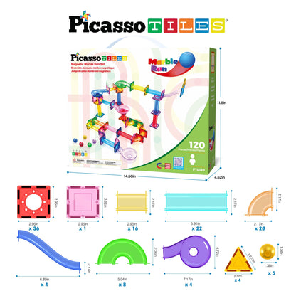 PicassoTiles 120pc Magnetic Tile Marble Run Set STEM Construction Toy with Track Building Blocks Educational Learning Compatible for Brain Development Creativity Coordination Kids Age 3 Plus PTG120